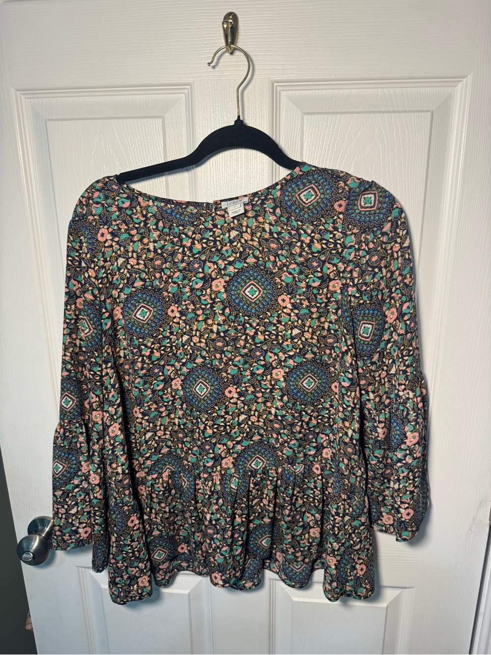 J. Crew Black Floral Mosaic Peplum Top